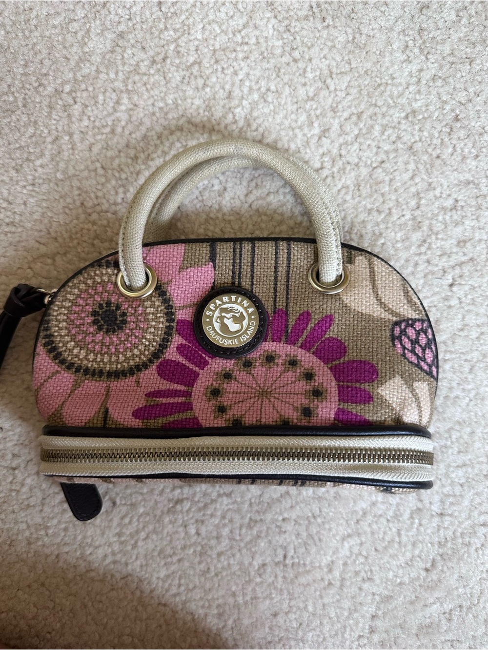 Spartina 449 Beige Canvas Mini Dome Satchel with Pink & Purple Floral Print